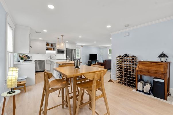 Dining room, Interior, Kitchen, Pendant Lights, Recessed Lighting, Stainless Steel Appliances, Wood Texture Flooring