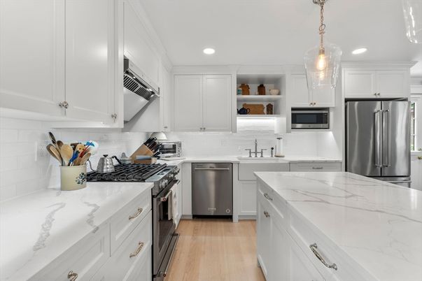 Interior, Kitchen, Pendant Lights, Recessed Lighting, Stainless Steel Appliances, Wood Texture Flooring