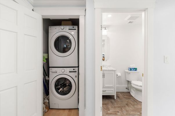 Bathroom, Interior, Recessed Lighting, Utility Closets, Washer, Wood Texture Flooring