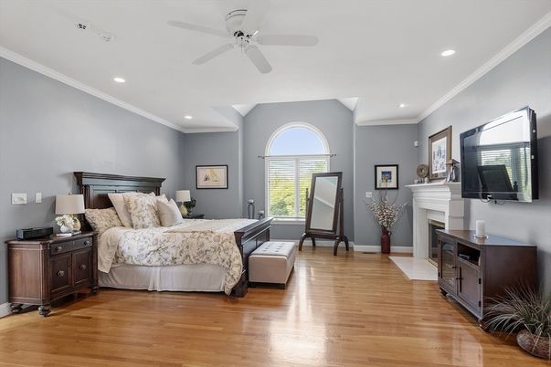 Bedroom, Fireplace, Interior, Recessed Lighting, Wood Texture Flooring