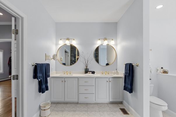 Bathroom, Dual Sink Vanities, Interior, Recessed Lighting, Wood Texture Flooring