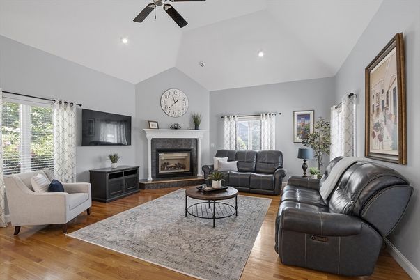Fireplace, Interior, Living room, Recessed Lighting, Wood Texture Flooring