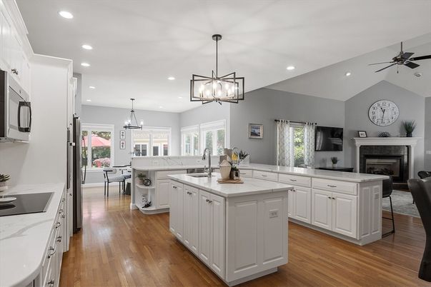 Dining room, Fireplace, Interior, Kitchen, Pendant Lights, Recessed Lighting, Wood Texture Flooring
