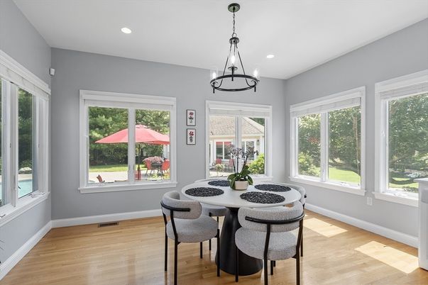 Dining room, Interior, Pendant Lights, Recessed Lighting, Wood Texture Flooring