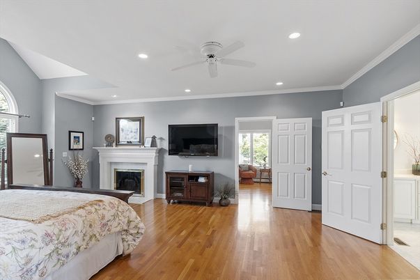 Bedroom, Fireplace, Interior, Recessed Lighting, Wood Texture Flooring