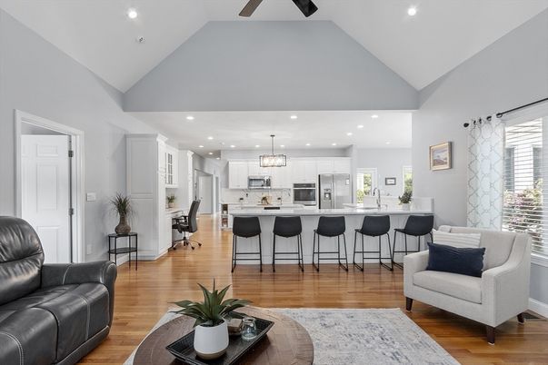 Chandelier, Interior, Kitchen, Pendant Lights, Recessed Lighting, Stainless Steel Appliances, Wood Texture Flooring