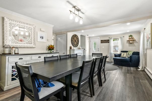 Dining room, Interior, Recessed Lighting, Wood Texture Flooring