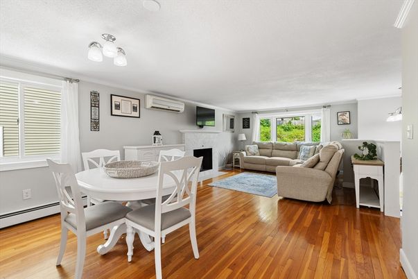 Dining room, Fireplace, Interior, Living room, Wood Texture Flooring