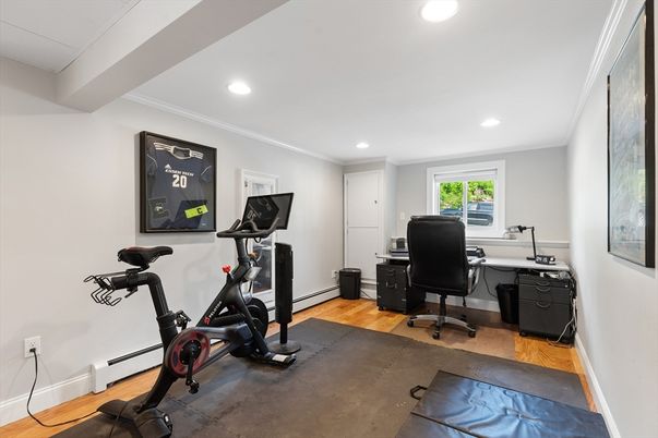 Fitness Equipment, Home Office, Interior, Recessed Lighting, Wood Texture Flooring