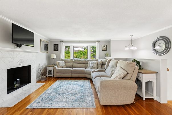 Fireplace, Interior, Living room, Pendant Lights, Wood Texture Flooring