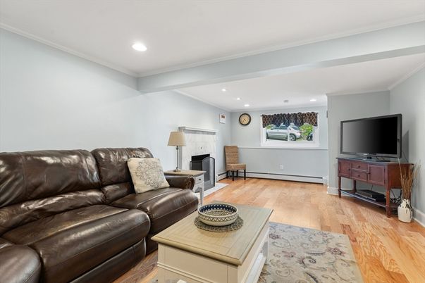 Fireplace, Interior, Living room, Recessed Lighting, Wood Texture Flooring