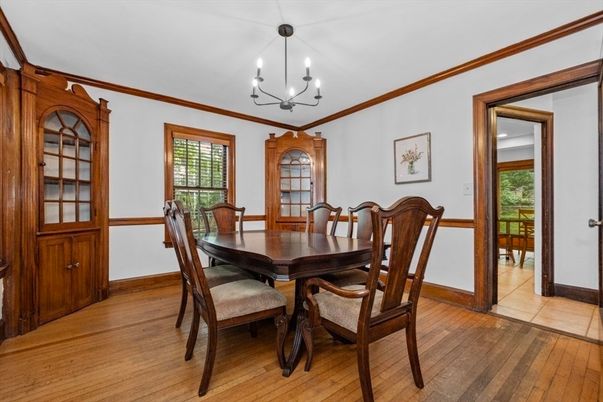 Chandelier, Dining room, Interior, Wood Texture Flooring