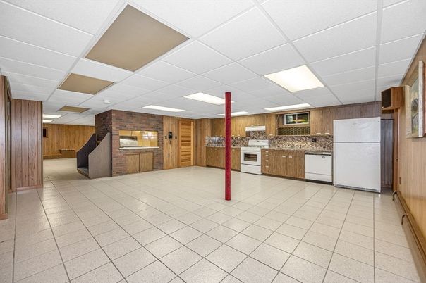 Interior, Kitchen, Recessed Lighting, Stone Walls, Wooden Walls