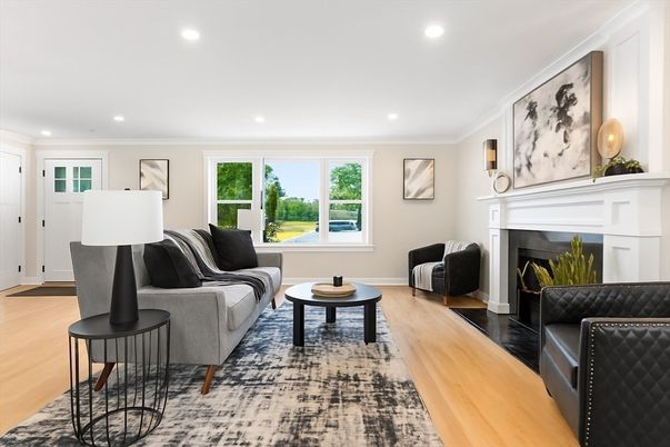 Fireplace, Interior, Living room, Recessed Lighting, Wood Texture Flooring