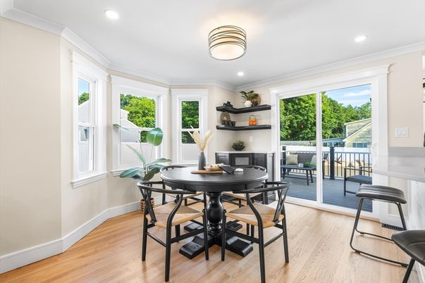 Dining room, Interior, Recessed Lighting, Wood Texture Flooring