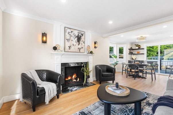 Dining room, Fireplace, Interior, Living room, Recessed Lighting, Wood Texture Flooring