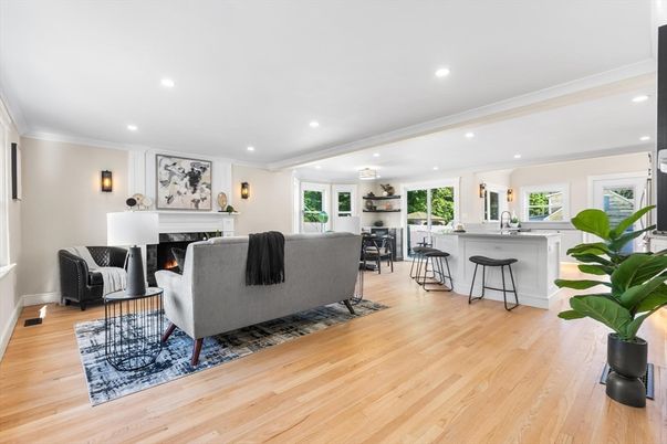 Fireplace, Interior, Living room, Recessed Lighting, Wood Texture Flooring