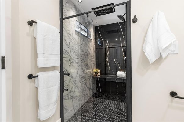Bathroom, Glass Shower, Interior, Marble Walls, Recessed Lighting