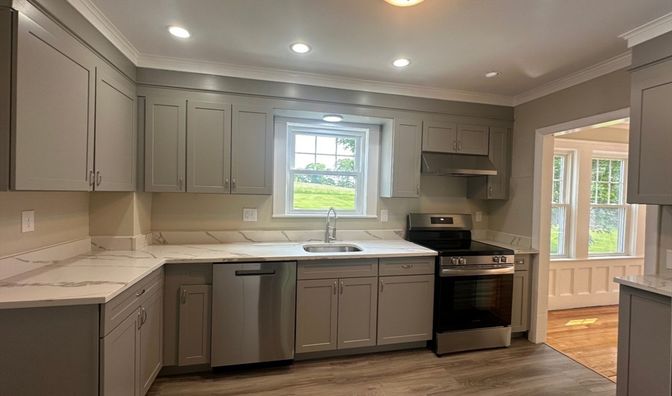 Interior, Kitchen, Recessed Lighting, Stainless Steel Appliances, Wood Texture Flooring