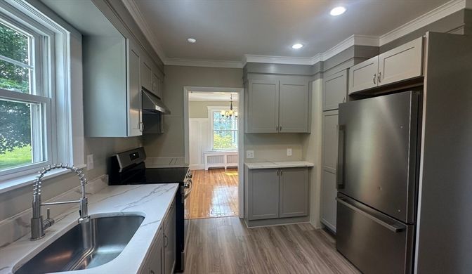 Chandelier, Interior, Kitchen, Recessed Lighting, Wood Texture Flooring