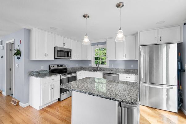 Interior, Kitchen, Pendant Lights, Stainless Steel Appliances, Wood Texture Flooring