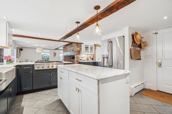 Interior, Kitchen, Pendant Lights, Recessed Lighting, Stainless Steel Appliances, Stone Walls