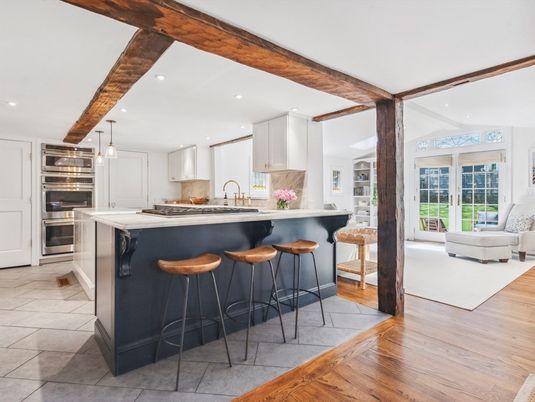 Interior, Kitchen, Living room, Pendant Lights, Recessed Lighting, Stainless Steel Appliances, Wooden Beams, Wood Texture Flooring