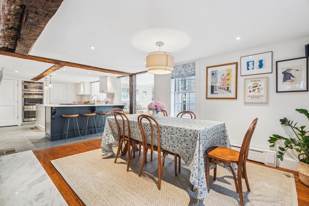 Dining room, Interior, Kitchen, Pendant Lights, Recessed Lighting, Stainless Steel Appliances, Wood Texture Flooring