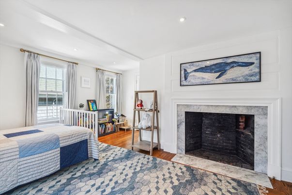 Bedroom, Fireplace, Interior, Recessed Lighting, Wood Texture Flooring