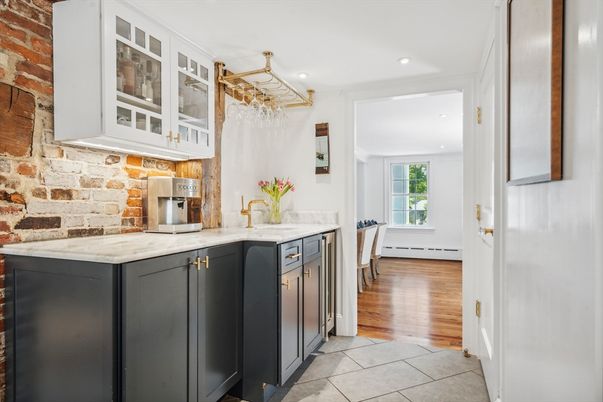 Interior, Kitchen, Recessed Lighting, Stone Walls, Wood Texture Flooring
