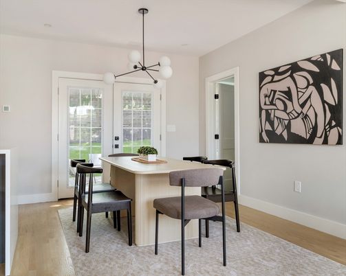 Dining room, Interior, Pendant Lights, Wood Texture Flooring