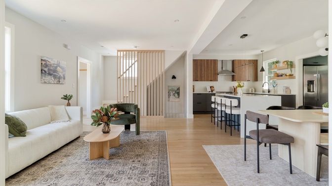 Interior, Kitchen, Living room, Pendant Lights, Recessed Lighting, Stainless Steel Appliances, Wood Texture Flooring