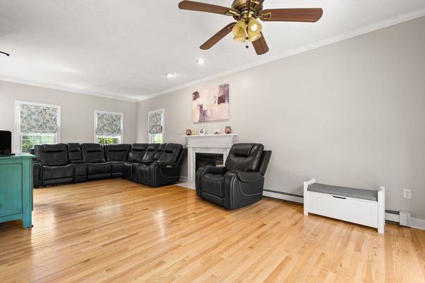 Fireplace, Interior, Living room, Recessed Lighting, Wood Texture Flooring