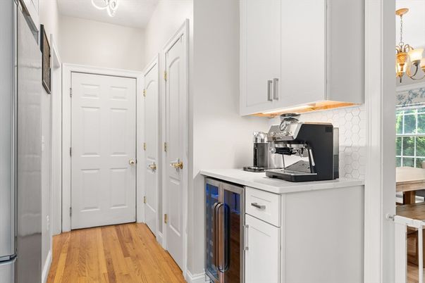 Interior, Kitchen, Pendant Lights, Washer, Wood Texture Flooring