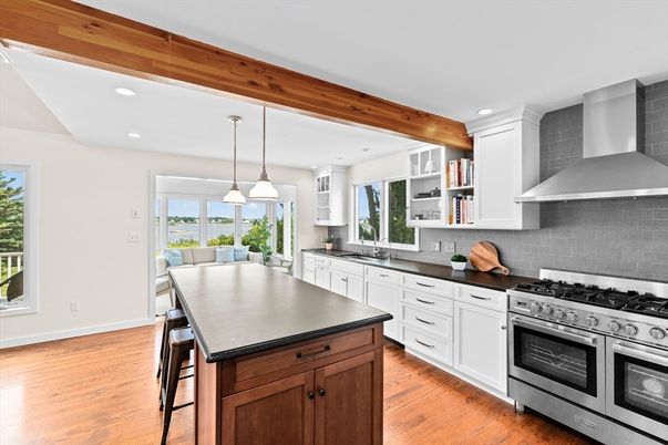 Interior, Kitchen, Pendant Lights, Recessed Lighting, Stainless Steel Appliances, Wooden Beams, Wood Texture Flooring