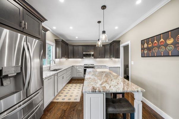 Interior, Kitchen, Pendant Lights, Recessed Lighting, Stainless Steel Appliances, Wood Texture Flooring