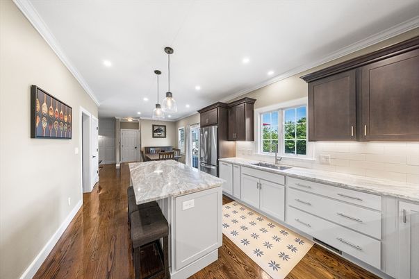 Interior, Kitchen, Pendant Lights, Recessed Lighting, Stainless Steel Appliances, Wood Texture Flooring