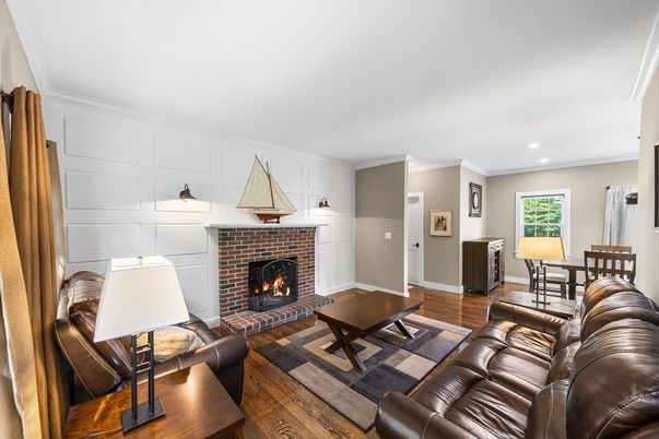 Fireplace, Interior, Living room, Recessed Lighting, Wood Texture Flooring
