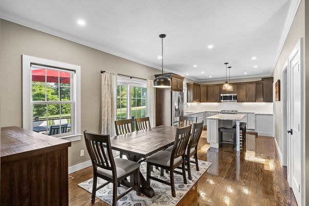 Dining room, Interior, Kitchen, Pendant Lights, Recessed Lighting, Stainless Steel Appliances, Wood Texture Flooring