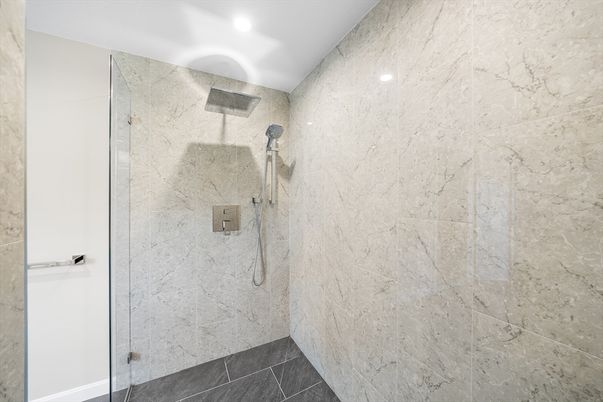 Bathroom, Glass Shower, Interior, Marble Walls, Recessed Lighting