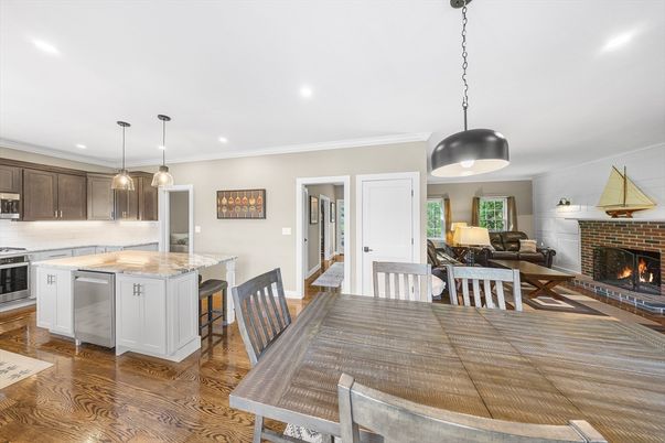 Dining room, Fireplace, Interior, Kitchen, Living room, Pendant Lights, Recessed Lighting, Wood Texture Flooring