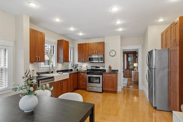 Interior, Kitchen, Recessed Lighting, Stainless Steel Appliances, Wood Texture Flooring