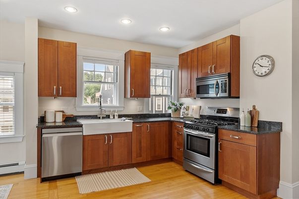 Interior, Kitchen, Recessed Lighting, Stainless Steel Appliances, Wood Texture Flooring