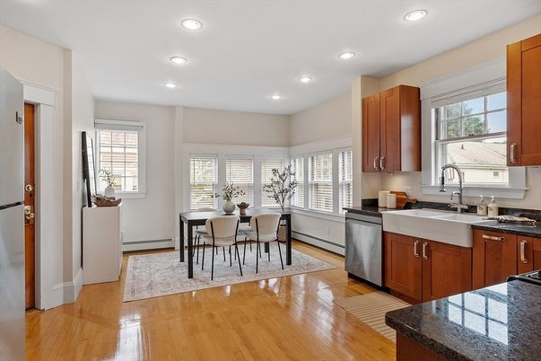 Dining room, Interior, Kitchen, Recessed Lighting, Wood Texture Flooring