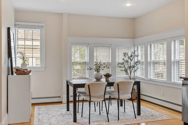 Dining room, Interior, Recessed Lighting, Wood Texture Flooring
