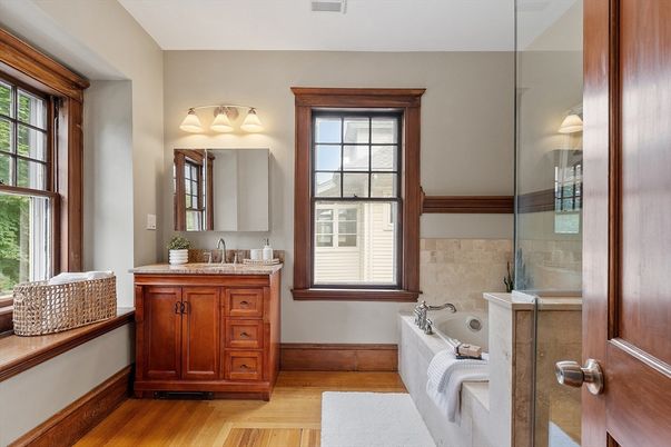 Bathroom, Glass Shower, Interior, Wood Texture Flooring