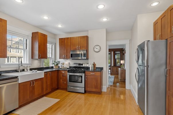 Interior, Kitchen, Recessed Lighting, Stainless Steel Appliances, Wood Texture Flooring