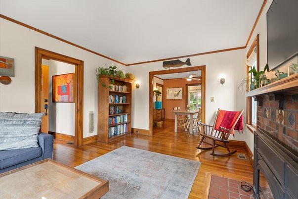 Dining room, Fireplace, Interior, Wood Texture Flooring