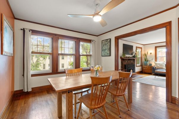 Dining room, Fireplace, Interior, Wood Texture Flooring