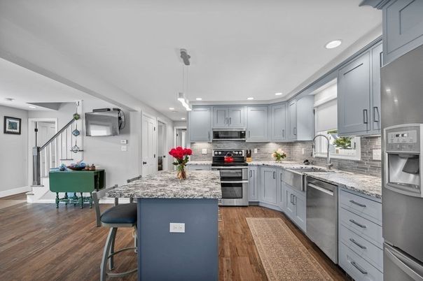 Interior, Kitchen, Pendant Lights, Recessed Lighting, Stainless Steel Appliances, Wood Texture Flooring
